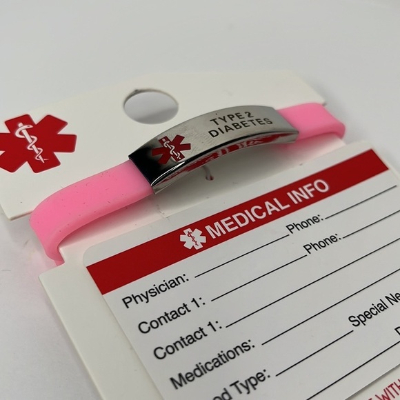 Medical ID Bracelet - Type 2 Diabetes Pink Silicone Adjustable Alert Bracelet‎ - Picture 3 of 3